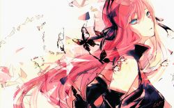 Rule 34 | 1girl, black dress, black gloves, blue eyes, bug, butterfly, dress, elbow gloves, from side, gloves, hairband, highres, insect, long hair, looking at viewer, looking to the side, megurine luka, parted lips, pink hair, sleeveless, sleeveless dress, solo, unf (unotfound 404), upper body, very long hair, vocaloid, white background