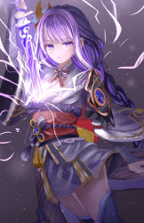 Rule 34 | 1girl, absurdres, blunt bangs, bow, bowtie, braid, breasts, cleavage, commentary, detached collar, genshin impact, hair ornament, highres, holding, holding sword, holding weapon, human scabbard, hya ro, japanese clothes, lightning, long hair, long sleeves, looking at viewer, low ponytail, mitsudomoe (shape), mole, mole under eye, obi, parted lips, purple eyes, purple hair, raiden shogun, sash, sidelocks, single braid, solo, sword, thighhighs, tomoe (symbol), weapon, wide sleeves, zettai ryouiki