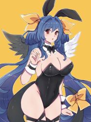 Rule 34 | 1girl, :o, angel wings, animal ears, asymmetrical wings, bare shoulders, black bow, black bowtie, black leotard, blue hair, bow, bowtie, breasts, bunny day, chemaru (a8l), cleavage, covered erect nipples, covered navel, detached collar, dizzy (guilty gear), fake animal ears, guilty gear, hair between eyes, hair ribbon, hair rings, highleg, highleg leotard, highres, large breasts, leotard, long hair, looking at viewer, mature female, monster girl, open mouth, playboy bunny, rabbit ears, red eyes, ribbon, sidelocks, skindentation, sleeveless, solo, tail, tail ornament, tail ribbon, thick thighs, thigh strap, thighs, twintails, very long hair, wings, wrist cuffs, yellow background, yellow ribbon