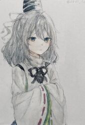 Rule 34 | 0801 nu, 1girl, black hat, closed mouth, commentary request, grey background, grey eyes, grey hair, hat, highres, japanese clothes, kariginu, long sleeves, looking at viewer, medium hair, mononobe no futo, ribbon-trimmed sleeves, ribbon trim, simple background, solo, tate eboshi, touhou, twitter username, upper body, wide sleeves