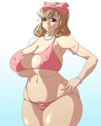 Rule 34 | bare shoulders, bikini, bow, bracelet, breasts, brown hair, cameltoe, covered erect nipples, curvy, deep skin, green eyes, groin, hair bow, hand on own hip, haruka (senran kagura), heart, highres, huge breasts, jewelry, lowleg, navel, necklace, pearl bracelet, pearl necklace, plump, senran kagura, shiny skin, skindentation, suphesol, swimsuit, thick thighs, thighs, wide hips