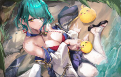 Rule 34 | 1girl, absurdres, azur lane, bare shoulders, beach, breasts, cleavage, dead or alive, green hair, highres, large breasts, looking at viewer, manjuu (azur lane), mole, mole under eye, multicolored hair, outdoors, short hair, sitting, solo, streaked hair, tamaki (doa), thighhighs, wariza, water, white thighhighs, xun li eins, yellow eyes