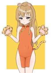 Rule 34 | 1girl, aisaka taiga, animal ears, animal hands, animal print, bare shoulders, blando, blush, border, breasts, brown eyes, brown hair, china dress, chinese clothes, closed mouth, commentary, covered navel, dot mouth, dress, english commentary, highres, long hair, no panties, outside border, paw pose, pelvic curtain, simple background, sleeveless, sleeveless dress, small breasts, solo, standing, tail, tiger ears, tiger paws, tiger print, tiger tail, toradora!, white border, yellow background