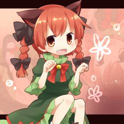 Rule 34 | 1girl, animal ears, bell, bow, braid, cat ears, cat girl, cat tail, dress, extra ears, fang, female focus, hair bow, kaenbyou rin, open mouth, orange hair, paw pose, pointy ears, red eyes, red hair, short hair, solo, tail, touhou, twin braids, twintails, yamabuki (yusuraume)
