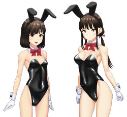 Rule 34 | 2girls, animal ears, bare legs, black eyes, black hair, black leotard, blunt bangs, blunt ends, bob cut, bow, bowtie, breasts, closed mouth, collar, commentary, covered navel, detached collar, fake animal ears, gloves, highleg, highleg leotard, highres, leotard, light frown, long hair, looking at viewer, low twintails, maburu (lojyq1eur3e8bit), medium breasts, multiple girls, open mouth, original, playboy bunny, rabbit ears, red bow, red bowtie, short hair, sidelocks, simple background, small breasts, smile, standing, strapless, strapless leotard, twintails, white background, white collar, white gloves, wing collar, wrist cuffs