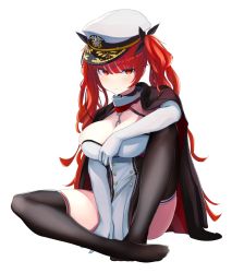 Rule 34 | 1girl, azur lane, breasts, chain, choker, cleavage, dress, elbow gloves, fu soulwave, full body, gloves, hat, highres, honolulu (azur lane), indian style, jacket, jacket on shoulders, large breasts, long hair, looking at viewer, peaked cap, red eyes, red hair, sitting, skindentation, solo, thighhighs, twintails, very long hair, wavy hair, white gloves