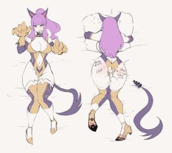 Rule 34 | 1girl, aftersex, anal beads, anal tail, animal ears, animal hands, anus, ass, ass cutout, body writing, breasts, butt crack, butt plug, claw pose, clothing cutout, cum, cum in pussy, dakimakura (medium), elbow gloves, fake tail, gloves, high heels, highleg, highleg leotard, highres, hugging object, knees together feet apart, large breasts, leotard, looking at viewer, navel, navel cutout, nyantcha, original, pami (wingedwasabi), paw gloves, pillow, pillow hug, ponytail, purple hair, red eyes, sanpaku, sex toy, smile, tail, tally, thighhighs