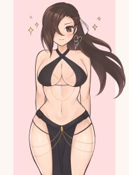 Rule 34 | 1girl, bare shoulders, blush, brown eyes, brown hair, commentary, cowboy shot, criss-cross halter, fire emblem, fire emblem fates, hair over one eye, halterneck, highres, kagero (fire emblem), loincloth, long hair, looking at viewer, navel, nintendo, pink background, purrlucii, solo, sparkle, standing, stomach, thighs, very long hair, yomorio lingerie