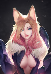 Rule 34 | 1girl, absurdres, ahri (league of legends), ai-assisted, blonde hair, blue eyes, breasts, breasts apart, charles (106858), closed mouth, facial mark, fox, gradient hair, highres, k/da (league of legends), k/da ahri, league of legends, long hair, looking at viewer, medium breasts, multicolored hair, multiple tails, pink hair, solo, tail, upper body, whisker markings