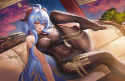 Rule 34 | 1girl, ahoge, bare shoulders, black pantyhose, blue hair, blush, bodystocking, breasts, covered navel, ganyu (genshin impact), genshin impact, horns, kacyu, knee up, large breasts, legs, long hair, looking at viewer, open mouth, pantyhose, purple eyes, sitting, smile, solo