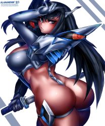Rule 34 | 1girl, absurdres, alamander, ass, black hair, blue eyes, breasts, elbow gloves, from behind, gloves, highres, holding, holding sword, holding weapon, junketsu, kamui (kill la kill), kill la kill, kiryuuin satsuki, large breasts, long hair, looking at viewer, looking back, revealing clothes, reverse grip, shiny skin, simple background, solo, standing, sword, thighs, watermark, weapon, web address, white background