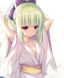 Rule 34 | 1girl, arms behind head, arms up, blush, bow, breasts, cariboy, closed mouth, commentary request, green hair, hair bow, high ponytail, japanese clothes, kimono, long hair, looking at viewer, murasame (senren), obi, ponytail, purple bow, red eyes, sash, senren banka, short sleeves, sidelocks, small breasts, solo, upper body, very long hair, white background, white kimono, wide sleeves