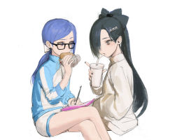 Rule 34 | 2girls, bad id, bad twitter id, black-framed eyewear, black nails, blue eyes, blue hair, blue jacket, book, bow, burger, commentary, copyright request, crossed legs, cup, drinking, eating, eye contact, fingernails, food, from side, glasses, green bow, green hair, hair bow, hair ornament, hairclip, highres, holding, holding cup, holding pen, index finger raised, jacket, long hair, long sleeves, looking at another, multiple girls, nail polish, open book, oyabuli, pen, ponytail, shorts, simple background, sitting, sweater, symbol-only commentary, track jacket, white background, white bow, white shorts, white sweater