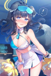 Rule 34 | !, 1girl, animal ears, bare shoulders, black hair, blue archive, blue eyes, blush, breasts, cheerleader, cleavage, cowboy shot, crop top, dog ears, dog girl, dog tail, eyewear on head, goggles, goggles on head, halo, hibiki (blue archive), hibiki (cheer squad) (blue archive), highres, holding, holding pom poms, large breasts, long hair, looking at viewer, millennium cheerleader outfit (blue archive), miniskirt, official alternate costume, open mouth, pom pom (cheerleading), pom poms, skirt, solo, spoken blush, spoken exclamation mark, star sticker, sticker on face, sunglasses, tail, thighhighs, umishima rinta, white skirt
