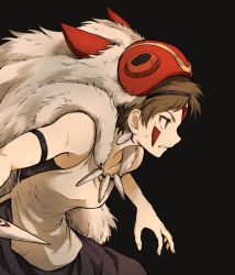 Rule 34 | 1girl, absurdres, bare arms, black background, breasts, brown eyes, brown hair, bruise, bruise on face, clenched teeth, collarbone, earrings, facepaint, facial mark, fighting stance, highres, holding, injury, jewelry, mask, mask on head, medium breasts, mononoke hime, necklace, san (mononoke hime), shimoda masaya, shirt, short hair, simple background, solo, teeth