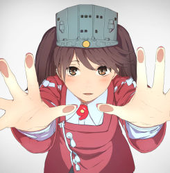 Rule 34 | 1girl, absurdres, against glass, brown eyes, brown hair, fingernails, flat chest, gradient background, grey background, highres, japanese clothes, kantai collection, kariginu, long hair, long sleeves, looking at viewer, magatama, open mouth, parted lips, ryuujou (kancolle), solo, twintails, upper body, visor cap, youmak