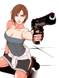 Rule 34 | 1girl, aiming, aiming at viewer, arm at side, arm support, arm up, bad id, bad pixiv id, bare arms, bare legs, bare shoulders, black gloves, black skirt, blue eyes, blue tube top, bob cut, boots, breasts, brown footwear, brown hair, capcom, cleavage, closed mouth, collarbone, female focus, fingerless gloves, gloves, gun, holding, holding gun, holding weapon, jill valentine, legs, lips, lipstick, looking at viewer, makeup, medium breasts, neck, on floor, pencil skirt, pink lips, resident evil, resident evil 3, resident evil 3: nemesis, sardine (artist), seiza, short hair, simple background, sitting, skirt, solo, strapless, sweater, swept bangs, tile floor, tiles, tube top, weapon, white background