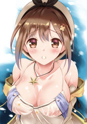 Rule 34 | 1girl, atelier (series), atelier ryza, atelier ryza 1, blush, breasts, brown eyes, brown hair, cleavage, collarbone, commentary request, cum, cum on body, cum on breasts, cum on upper body, facial, hair ornament, hairclip, hat, jewelry, kouzuki hajime, large breasts, looking at viewer, necklace, reisalin stout, see-through, short hair, solo, star (symbol), star necklace, upper body, white hat