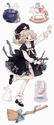 1girl ankle_garter back_bow black_bow black_eyes black_footwear black_hat black_skirt black_vest blonde_hair blue_bow blue_hat blush_stickers bow bow_skirt bowtie broom cauldron club_(shape) eyelashes eyeshadow frilled_skirt frilled_sleeves frills full_body fur_hat grey_eyeshadow hair_bow hat highres holding holding_spoon holding_wand jar layered_skirt leg_up long_sleeves looking_at_viewer makeup mary_janes medium_hair miniskirt moon open_mouth original outstretched_arm oversized_object pink_bow pointing putong_xiao_gou rabbit red_bow rocking_horse sample_watermark shirt shoes single_stripe skirt smile socks solo spoon star_(symbol) stirring striped_bow turtleneck two-tone_bow ushanka vest wand watermark white_background white_bow white_bowtie white_shirt white_socks