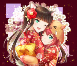 Rule 34 | 2girls, ;), ;d, animal ears, animal hands, animal hat, back bow, blunt bangs, bow, braid, chinese zodiac, floral background, floral print, flower, gloves, green eyes, hair flower, hair ornament, happy new year, hat, hirako, hug, japanese clothes, kimono, kurosawa dia, kurosawa ruby, long hair, looking at viewer, love live!, love live! school idol festival, love live! sunshine!!, mole, mole under mouth, multiple girls, new year, one eye closed, open mouth, paw gloves, pig hat, red flower, red kimono, siblings, sisters, smile, twintails, twitter username, upper body, year of the pig