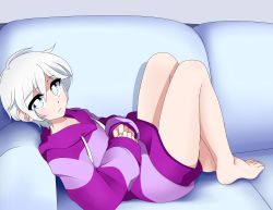 Rule 34 | 1girl, absurdres, bare legs, barefoot, blue eyes, closed mouth, commission, couch, doopiedoover, drawstring, expressionless, highres, hood, hood down, hoodie, knees up, long sleeves, looking at viewer, lying, on back, original, purple hoodie, short hair, solo, striped clothes, striped hoodie, white hair