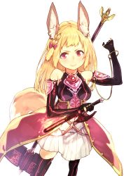 Rule 34 | 1girl, absurdres, animal ears, bare shoulders, black gloves, black thighhighs, blonde hair, bubble skirt, elbow gloves, fox ears, fox tail, gloves, hammer, highres, long hair, looking at viewer, original, overskirt, red eyes, shirt, simple background, skirt, solo, subachi, tail, thighhighs, transparent background, zettai ryouiki