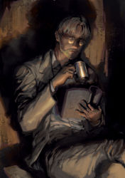 Rule 34 | 1boy, beard, blonde hair, book, che (cyan crown), cup, facial hair, glasses, highres, holding, holding book, holding cup, jacket, male focus, mustache, shingeki no kyojin, shirt, sitting, solo, white shirt, zeke yeager