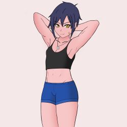 Rule 34 | 1girl, artist request, bandaid, black tank top, blue hair, blue shorts, breasts, dog tags, feet out of frame, highres, looking at viewer, navel, original, short hair, shorts, simple background, small breasts, smile, tank top, toned, white background, yellow eyes