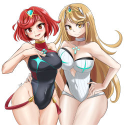 Rule 34 | 2girls, absurdres, bare arms, bare shoulders, black one-piece swimsuit, blonde hair, blush, breasts, choker, cleavage, closed mouth, collarbone, competition swimsuit, covered navel, cowboy shot, dual persona, earrings, eyes visible through hair, female focus, hand on another&#039;s hip, highleg, highleg swimsuit, highres, jewelry, large breasts, laz gm, long hair, matching hair/eyes, multiple girls, mythra (xenoblade), one-piece swimsuit, open mouth, pyra (xenoblade), red eyes, red hair, short hair, simple background, smile, swimsuit, tiara, white background, white choker, white one-piece swimsuit, xenoblade chronicles (series), xenoblade chronicles 2, yellow eyes