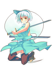 Rule 34 | 1girl, adapted costume, bare arms, bare shoulders, blue bow, blue hairband, blush, bow, brown footwear, brown thighhighs, collared shirt, commentary request, dress shirt, full body, green skirt, green vest, grin, hair bow, hairband, highres, holding, holding sword, holding weapon, ikuya@, jumping, konpaku youmu, konpaku youmu (ghost), looking at viewer, shirt, shoes, short hair, silver hair, simple background, skirt, sleeveless, sleeveless shirt, smile, solo, sword, teeth, thighhighs, touhou, vest, weapon, white background, white shirt, yellow eyes, zettai ryouiki
