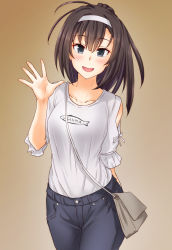Rule 34 | 1girl, ahoge, akizuki (kancolle), alternate costume, anti (untea9), bag, black eyes, black hair, blouse, blue pants, brown background, casual, clothes writing, collarbone, commentary request, cowboy shot, denim, gradient background, hairband, highres, jeans, kantai collection, looking at viewer, open mouth, pants, ponytail, shirt, smile, solo, standing, waving, white hairband, white shirt