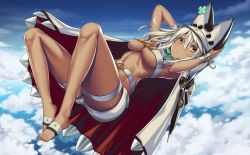 Rule 34 | 1girl, belt, belt bra, breasts, cape, clover, colored eyelashes, creature, dark skin, dark-skinned female, feet, four-leaf clover, full body, guilty gear, guilty gear xrd, hat, highres, large breasts, long hair, looking at viewer, no shoes, orange eyes, platinum blonde hair, ramlethal valentine, sharp teeth, short shorts, shorts, simple background, solo, takanashi-a, teeth, thigh strap, toes, underboob, white hair