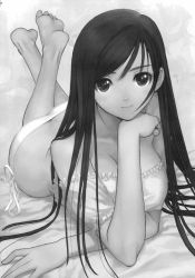Rule 34 | 1girl, breasts, cleavage, covered erect nipples, crossed legs, artistic error, feet, greyscale, highres, long hair, lying, monochrome, sitting, smile, solo, tony taka, wrong foot