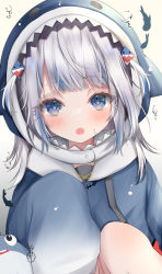 Rule 34 | 1girl, animal hood, bloop (gawr gura), blue eyes, blue hair, blue hoodie, blush, bubble, fins, fish tail, gawr gura, gawr gura (1st costume), hair ornament, hat, highres, hololive, hololive english, holomyth, hood, hoodie, knee up, looking at viewer, moemoepiano, multicolored hair, open mouth, shark girl, shark hair ornament, shark hood, shark tail, sharp teeth, short twintails, sleeves past fingers, sleeves past wrists, streaked hair, tail, teeth, twintails, virtual youtuber, white background, white hair