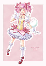 Rule 34 | 10s, 1girl, blush, bobby socks, bow, bubble skirt, copyright name, gloves, hair bow, highres, kaname madoka, kneehighs, kyubey, magical girl, mahou shoujo madoka magica, mahou shoujo madoka magica (anime), one eye closed, open mouth, pink background, pink eyes, pink hair, pink theme, puffy sleeves, satogo, shoes, short hair, short twintails, skirt, smile, socks, twintails, white socks, wink