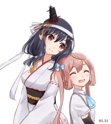 Rule 34 | 10s, 2girls, ^ ^, ^o^, arm warmers, artist name, asagumo (kancolle), ascot, bare shoulders, black hair, brown hair, dated, detached sleeves, closed eyes, floral print, hair ornament, highres, japanese clothes, kantai collection, long hair, multiple girls, nontraditional miko, nuno (pppompon), obi, red eyes, remodel (kantai collection), sash, shirt, short sleeves, simple background, smile, suspenders, teeth, twintails, white background, white shirt, yamashiro (kancolle)