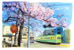 Rule 34 | building, cable, car, cherry blossoms, cityscape, cloud, commentary request, day, flower, highres, kanji, katakana, motor vehicle, no humans, original, plant, power lines, railroad tracks, road, road sign, scenery, shade, shonan211, sign, sky, sunlight, town, toyota, toyota mirai, tree, utility pole