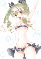 Rule 34 | 10s, 1girl, anchovy (girls und panzer), bikini, black bikini, blush, breasts, brown eyes, covered erect nipples, drill hair, female focus, girls und panzer, green hair, groin, hachiko (momo haku santa), looking at viewer, navel, open mouth, simple background, small breasts, smile, solo, swimsuit, white background