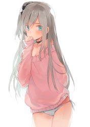 Rule 34 | 1girl, arm behind back, backlighting, bad id, bad twitter id, blue eyes, blue panties, breasts, cleavage, collarbone, covering own mouth, cowboy shot, grey background, grey hair, hair ornament, hair scrunchie, hand up, hashimoto mari, highres, long hair, looking at viewer, mari (rubymaririn), off shoulder, one side up, original, panties, scrunchie, side-tie panties, simple background, sleeves past wrists, small breasts, solo, thighs, underwear