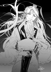 Rule 34 | 1boy, absurdres, back arrow, chinese clothes, commentary, gradient background, greyscale, hand fan, hat, hat ribbon, headwear request, highres, huge filesize, long hair, looking at viewer, male focus, monochrome, ribbon, shu bi, simple background, smile, solo, very long hair, white2013, wide sleeves