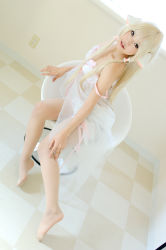 Rule 34 | 1girl, asian, babydoll, blonde hair, bloomers, bra, chii, chii (cosplay), chobits, cosplay, dutch angle, indoors, kipi-san, lingerie, looking at viewer, pantyhose, persocom, photo (medium), solo, underwear