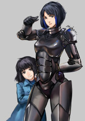 Rule 34 | 2girls, absurdres, age difference, armor, black eyes, black hair, blue hair, bob cut, body armor, bodysuit, child, citemer, drivesuit, dual persona, highres, jacket, legendary pictures, liuruoyu8888, mako mori, multicolored hair, multiple girls, pacific rim, pan pacific defense corps, salute, science fiction, short hair, simple background, streaked hair, time paradox