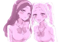 Rule 34 | 2girls, :d, aikatsu!, aikatsu! (series), blush, bow, bowtie, breasts, collared shirt, daichi nono, drill hair, hair intakes, hair ornament, hair scrunchie, hairband, large breasts, long hair, long sleeves, looking at viewer, loose bowtie, medium breasts, mole, mole under eye, monochrome, multiple girls, open mouth, parted lips, sbs, school uniform, scrunchie, shirakaba risa, shirt, simple background, smile, twin drills, twintails, upper body, white background