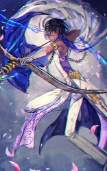 Rule 34 | 1boy, agni gandiva, arjuna (fate), bow (weapon), brown eyes, brown hair, cape, dark skin, dark-skinned male, fate/grand order, fate (series), full body, gloves, hair between eyes, holding, holding bow (weapon), holding weapon, indian clothes, long sleeves, looking to the side, male focus, mura karuki, pants, petals, short hair, solo, weapon, white cape, white gloves, white pants