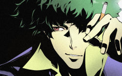 Rule 34 | 1990s (style), 1boy, bad id, bad pixiv id, cigarette, cowboy bebop, dante0718, green hair, high contrast, male focus, open mouth, red eyes, smoking, solo, spike spiegel