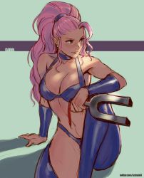 Rule 34 | 1girl, absurdres, ahoge, bikini, breasts, capcom, captain commando, carol (captain commando), character name, choker, cleavage, closed mouth, commentary, commission, commissioner upload, earrings, highres, jewelry, large breasts, leotard, long hair, looking at viewer, pink hair, ponytail, rejean dubois, solo, swimsuit, thighhighs, transparent background, vambraces