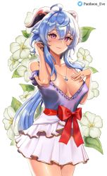 Rule 34 | 1girl, absurdres, ahoge, blue hair, blush, bow, breasts, collarbone, flower, ganyu (genshin impact), genshin impact, highres, horns, jewelry, large breasts, long hair, looking at viewer, necklace, pantheon eve, purple eyes, ribbon, skirt, smile, solo