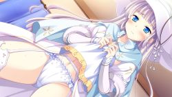 Rule 34 | 1girl, aqua eyes, bed, blue eyes, blush, character name, clothes lift, game cg, garter belt, garter straps, hat, ko~cha, lace, lace panties, light purple hair, long hair, long sleeves, navel, non-web source, panties, purple hair, showgirl skirt, skirt, skirt lift, solo, sweat, thighhighs, underwear, white thighhighs, witch&#039;s garden, witch hat, yukimura suzuno