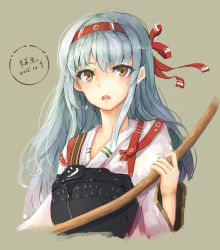 Rule 34 | 10s, 1girl, 2015, absurdres, artist name, bow (weapon), brown eyes, d:, dated, grey background, hairband, headband, highres, holding, holding weapon, kantai collection, long hair, looking at viewer, muneate, open mouth, shoukaku (kancolle), simple background, solo, tasuki, upper body, weapon, white hair, yang zheng yu