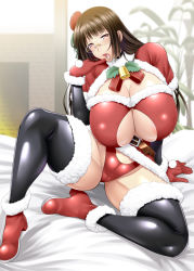 Rule 34 | 1girl, ayato, bed, black thighhighs, bra, breasts, brown hair, choker, choukai (kancolle), christmas, cleavage cutout, clothing cutout, female focus, glasses, gloves, hat, high heels, highres, huge breasts, indoors, kantai collection, long hair, looking at viewer, open mouth, panties, plump, red bra, red eyes, red footwear, red gloves, red panties, sagging breasts, santa costume, shiny skin, shoes, sitting, solo, spread legs, thighhighs, tongue, tongue out, underwear